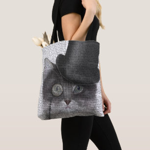 Grått Cat med Top hat Tygkasse