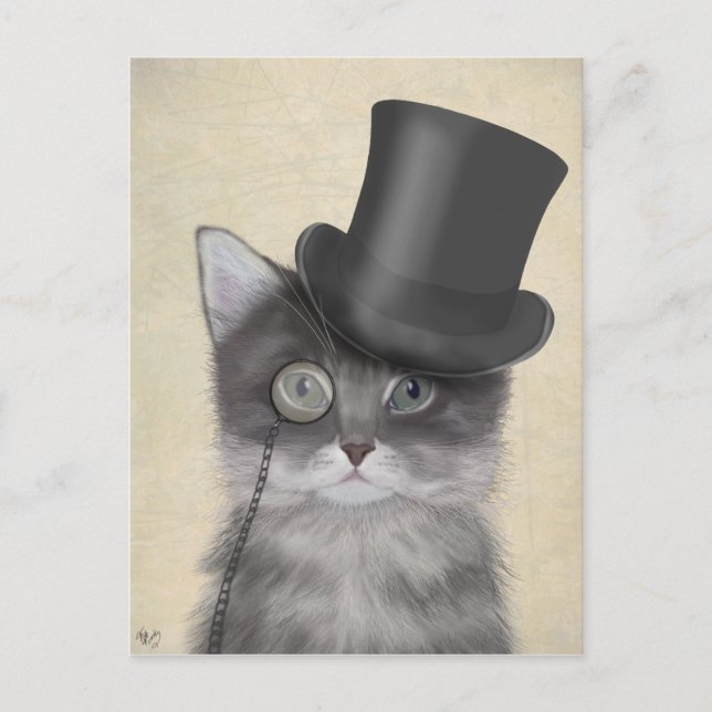 Grått Cat med Top hat Vykort (Framsida)
