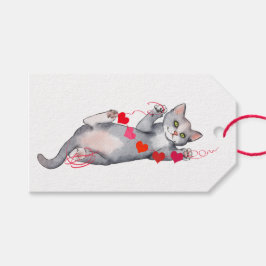 Grått Cat med Valentine Garland Gift-Märkre Presentetikett
