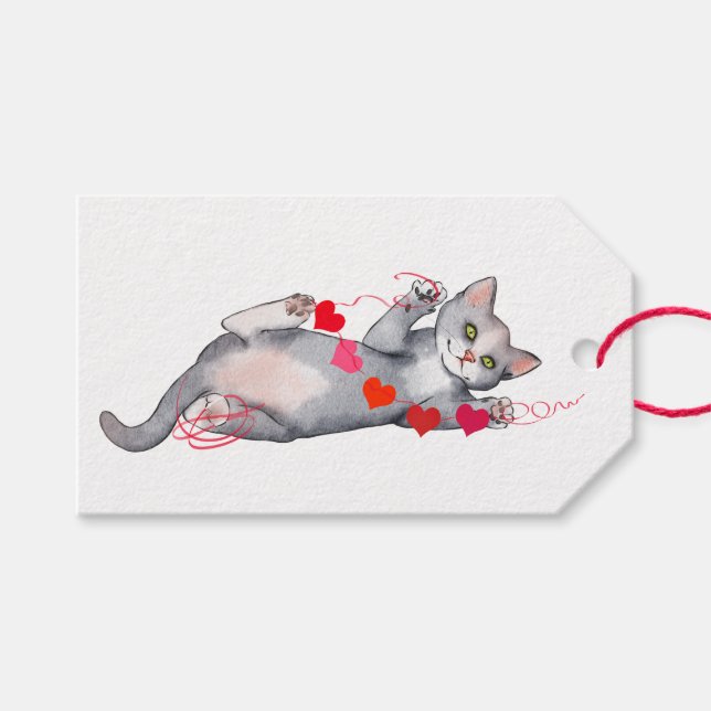 Grått Cat med Valentine Garland Gift-Märkre Presentetikett (Framsidan (Horisontell))