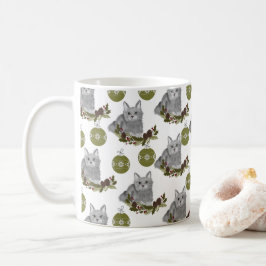 Grått Cat Mönster med Grönt Ornament Kaffemugg