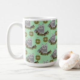 Grått Cat Mönster med Grönt Ornament Kaffemugg
