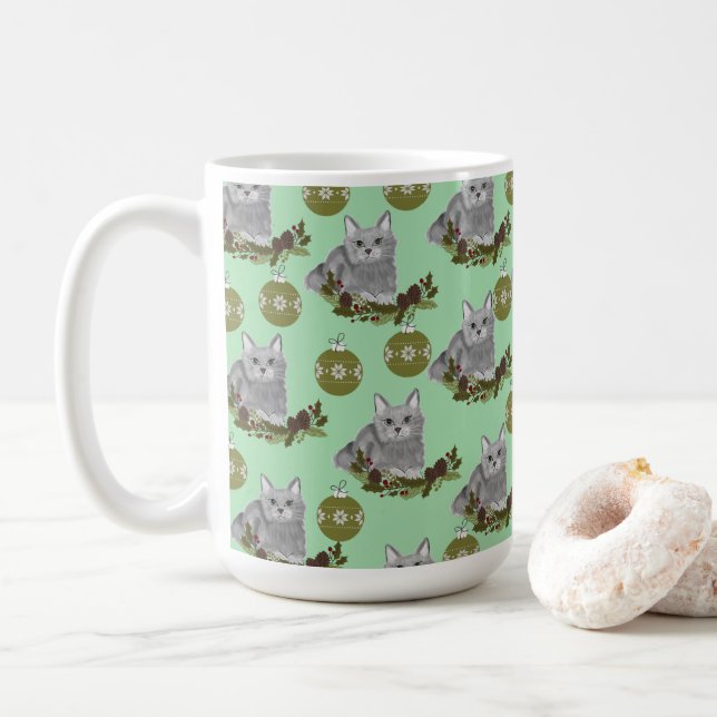 Grått Cat Mönster med Grönt Ornament Kaffemugg (Med munk)