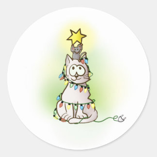 Grått Cat och Mouse med jul Ljus Runt Klistermärke