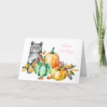 Grått Cat och Pumpkins Watercolor Thanksgiving Car