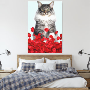 grått cat och röd ros canvastryck