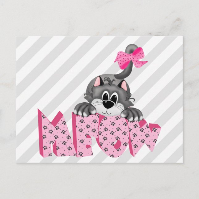 Grått Cat och Rosa Meow Vykort (Framsida)