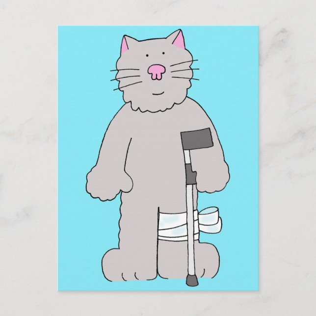 Grått Cat på Crutch Knee Surgery Recovery Vykort (Framsida)