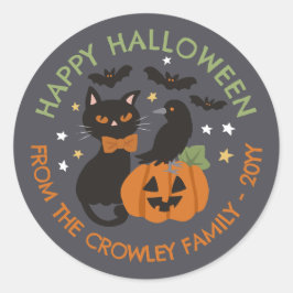 Grått Cat Pumpkin Raven Happy halloween Runt Klistermärke