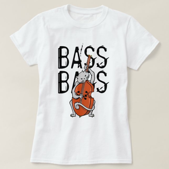 Grått Cat som spelar upp en Dubbla Bass eller uppr T Shirt (Design framsida)