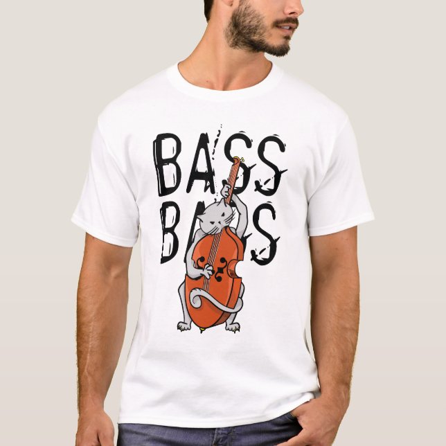 Grått Cat som spelar upp en Dubbla Bass eller uppr Tee Shirt (Framsida)