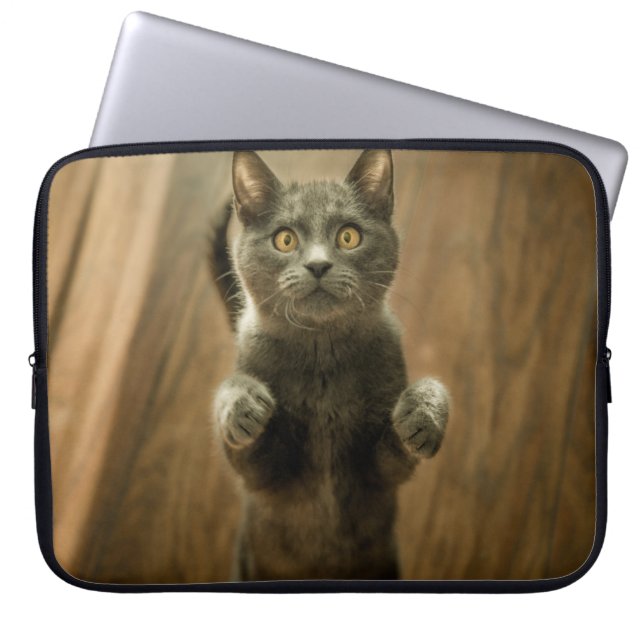 GRÅTT CAT STÅR I TVÅ FODER LAPTOP FODRAL (Framsidan)