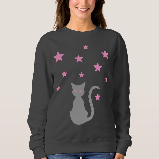 Grått Cat Stars Sweatshirt T Shirt (Framsida)