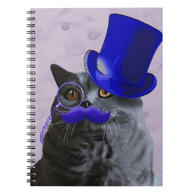 Grått Cat with Blue Top hat och Mustache Anteckningsbok Med Spiral (Framsidan)