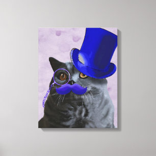 Grått Cat with Blue Top hat och Mustache Canvastryck