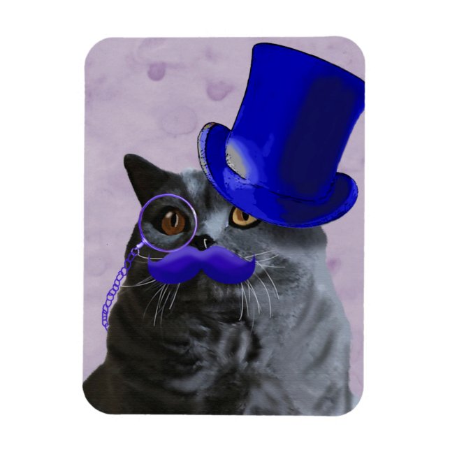 Grått Cat with Blue Top hat och Mustache Magnet (Vertikal)