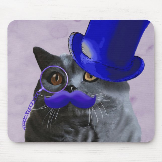 Grått Cat with Blue Top hat och Mustache Musmatta (Framsidan)