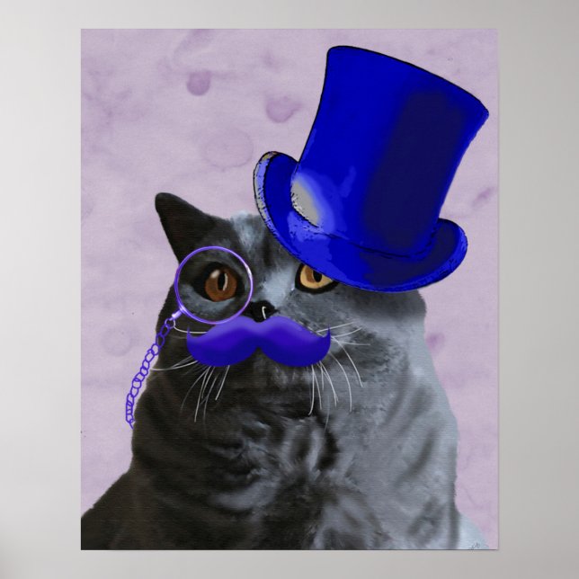 Grått Cat with Blue Top hat och Mustache Poster (Framsidan)