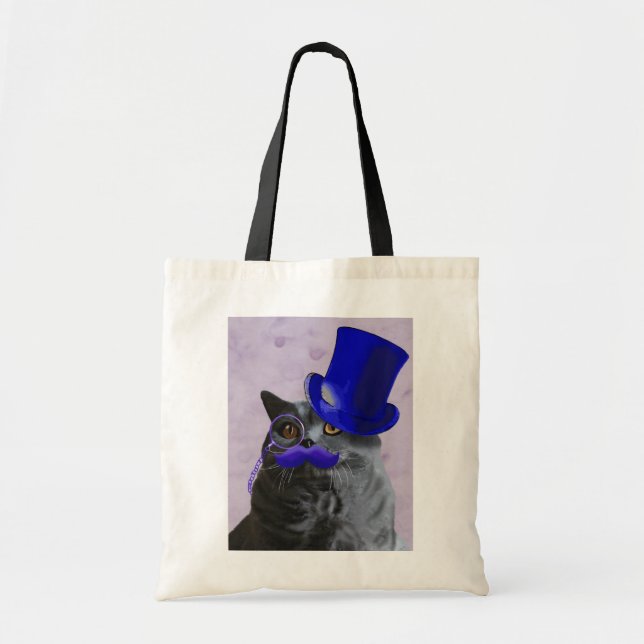 Grått Cat with Blue Top hat och Mustache Tygkasse (Framsidan)