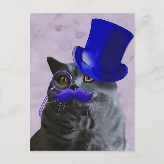 Grått Cat with Blue Top hat och Mustache Vykort (Framsida)
