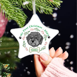 Grått Cavoodle Hund Personlig Hand Teckning Julgransprydnad Keramik