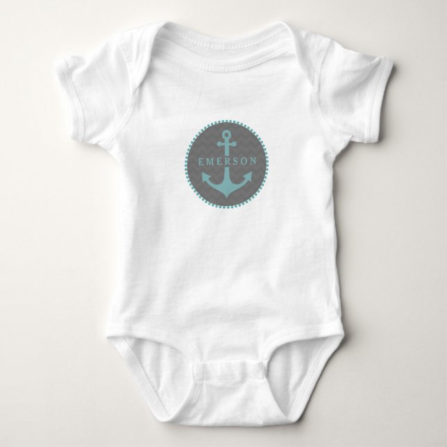 Grått Chevron + Blue Anchor Romper Tee Shirt (Framsida)