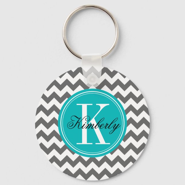 Grått Chevron med Teal Monogram Nyckelring (Framsida)