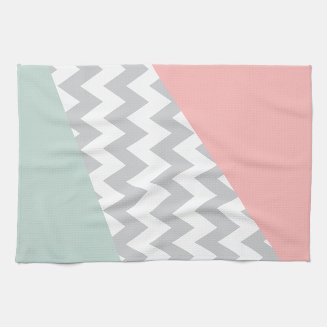 Grått Chevron - Mint och Coral Kökshandduk (Horisontell)
