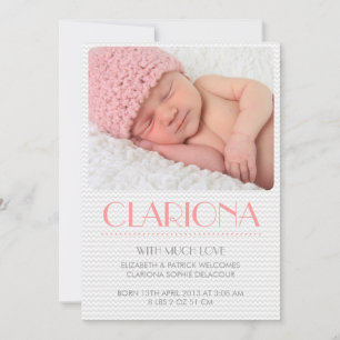 Grått Chevron Mönster Rosa Photo Birth Notice Meddelande