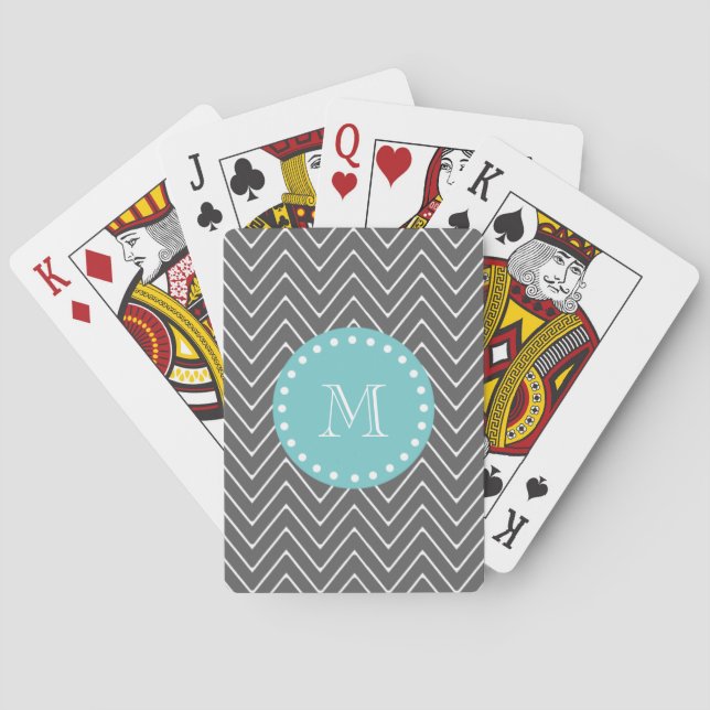 Grått Chevron Mönster | Teal Monogram Spel Kort (Baksidan)