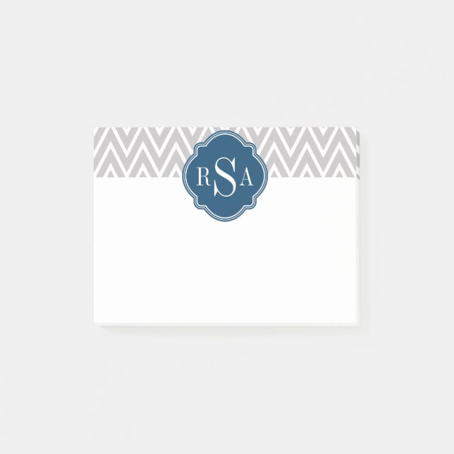 Grått Chevron Navy Monogram Initial Brev Post-it Block (Framsida)