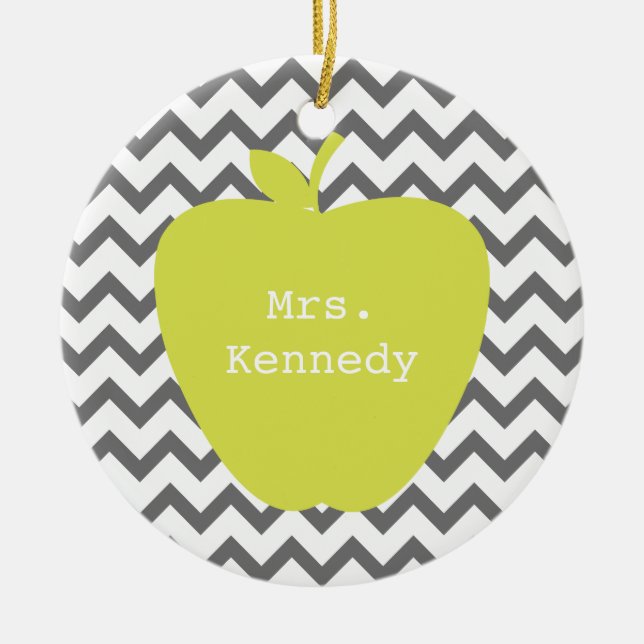 Grått Chevron Neon Apple Teacher Julgransprydnad Keramik (Framsidan)