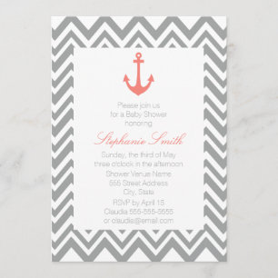 Grått Chevron och Coral Rosa Nautical Baby Shower Inbjudningar