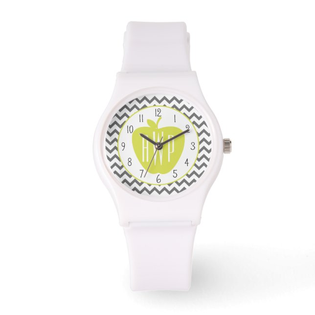 Grått Chevron och Neon Apple Monogram Teacher Armbandsur (Framsida)