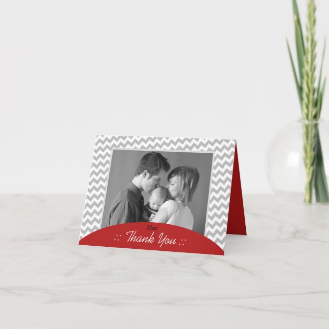 Grått Chevron och Red Photo tackkort (Framsida)