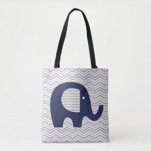 Grått Chevron Rand Navy Blue Elephant Patterned Tygkasse
