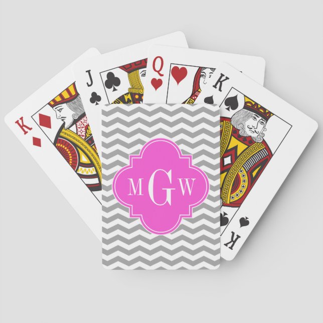 Grått Chevron Shock rosa Quatrefoil 3 Monogram Tn Casinokort (Baksidan)
