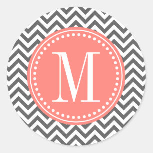 Grått Chevron Zigzag Personlig Monogram Runt Klistermärke