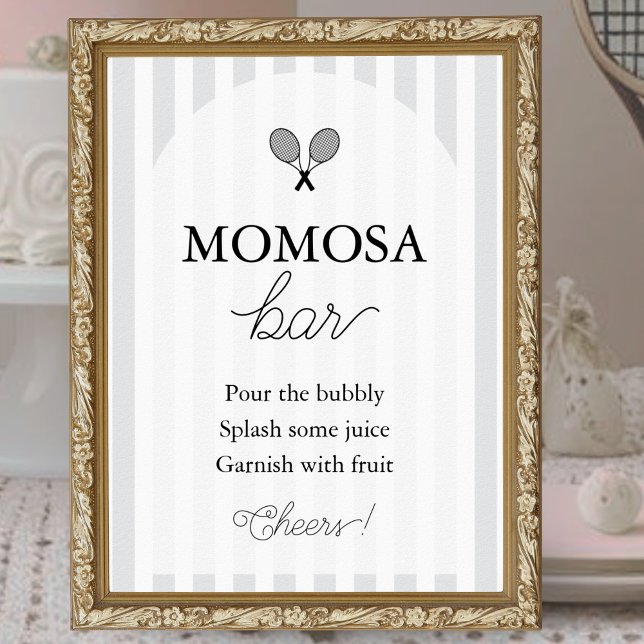 Grått Chic Tennis Baby Shower Momosa Pub Sign Poster (elegant grey and white baby shower sign for momosa bar at tennis theme events shown in gold frame)