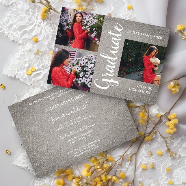 Grått Collage Three Photos Studenten Struktur (Grey Natural Fabric Collage 3 Multi Photos Grad Graduation Invitation.)