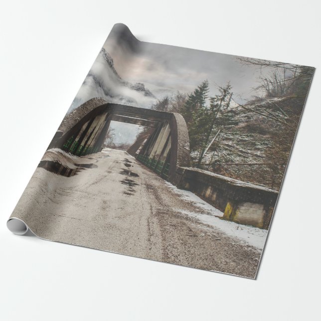 GRÅTT CONRETE ARCH BRIDE BESIDE LEAFLESS TRÄD NÄRH PRESENTPAPPER (Utrullad)