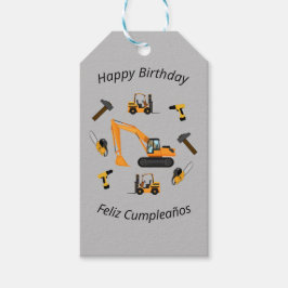 Grått Construction Boy Birthday Bilingual Tack Presentetikett