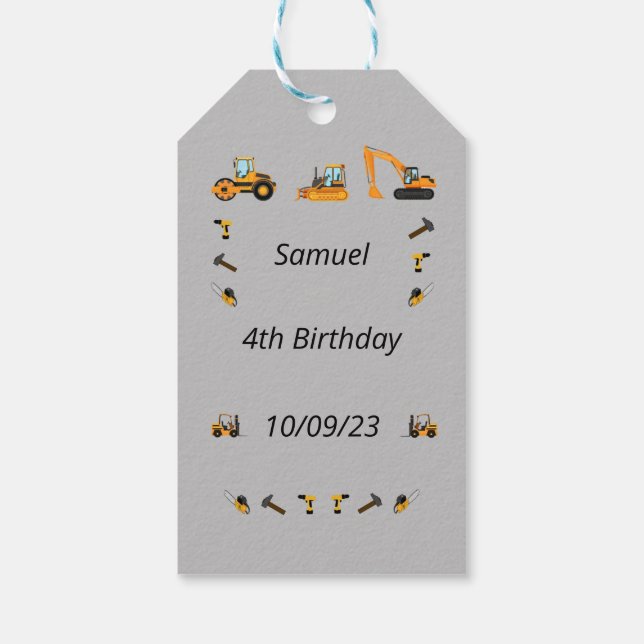 Grått Construction Boy Birthday Bilingual Tack Presentetikett (Baksidan)