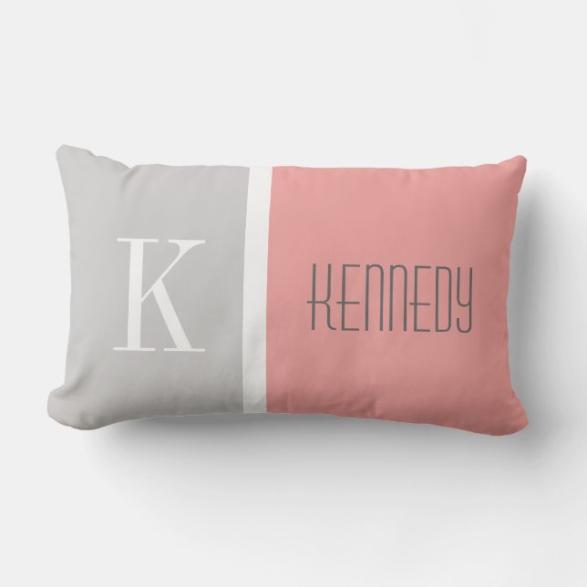 Grått Coral Färg Block Monogram Namn Lumbarkudde (Framsida)
