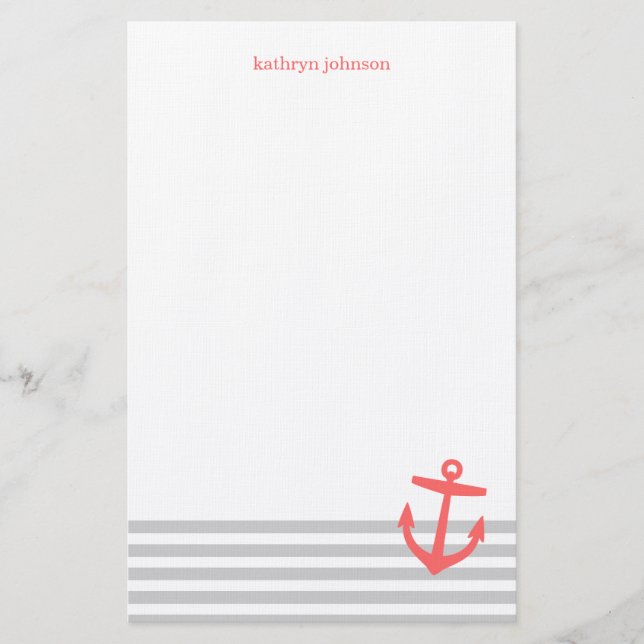 Grått & Coral Nautical Rand & Cute Anchor Brevpapper (Framsida)