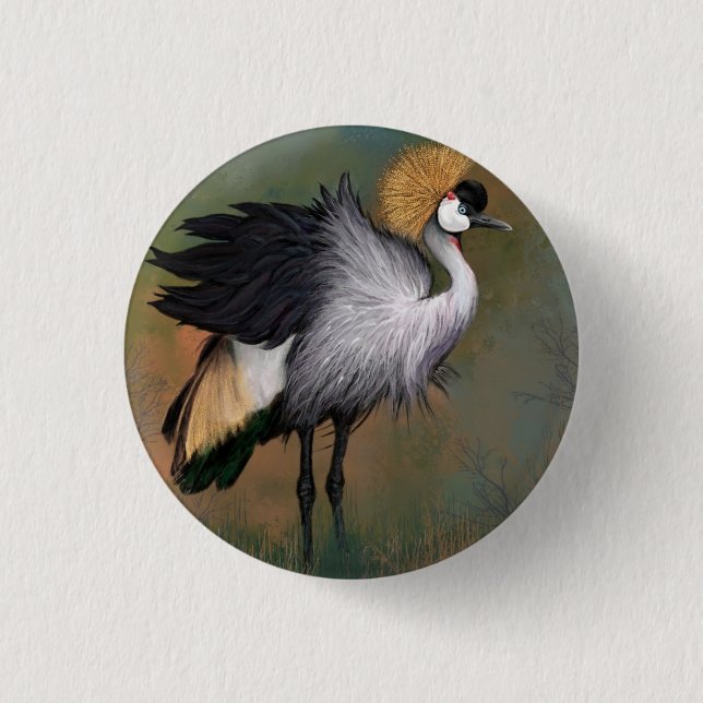 Grått Crowned Crane Bird Button - Målning Knapp (Framsida)