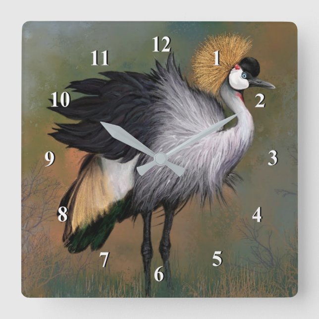 Grått Crowned Crane Bird Wall Clock Fyrkantig Klocka (Framsida)