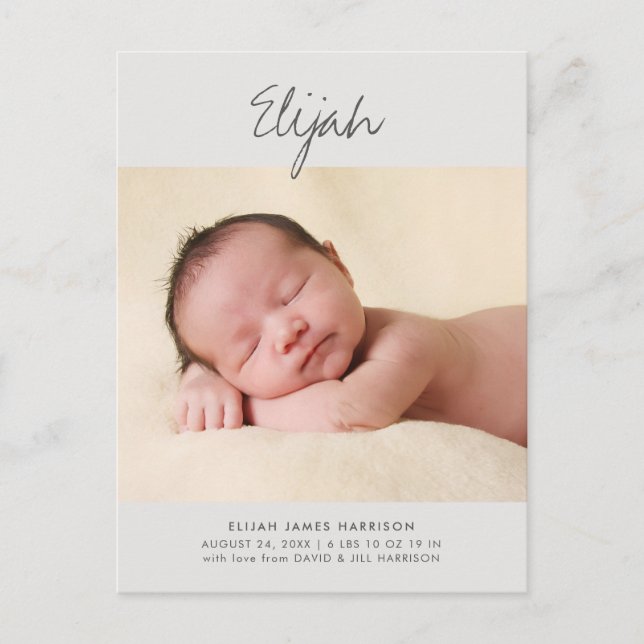 Grått Cute Script Namn 1-Photo Baby annons Vykort (Framsida)