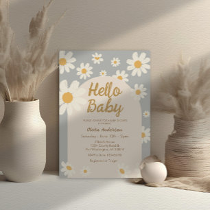 Grått Daisy Hej Baby Retro Boho Baby Shower Inbjudningar
