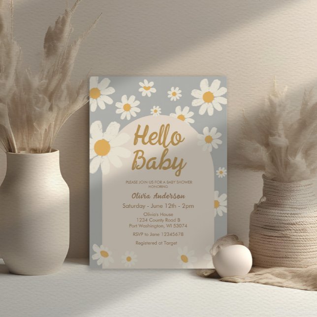Grått Daisy Hej Baby Retro Boho Baby Shower Inbjudningar (Skapare uppladdad)